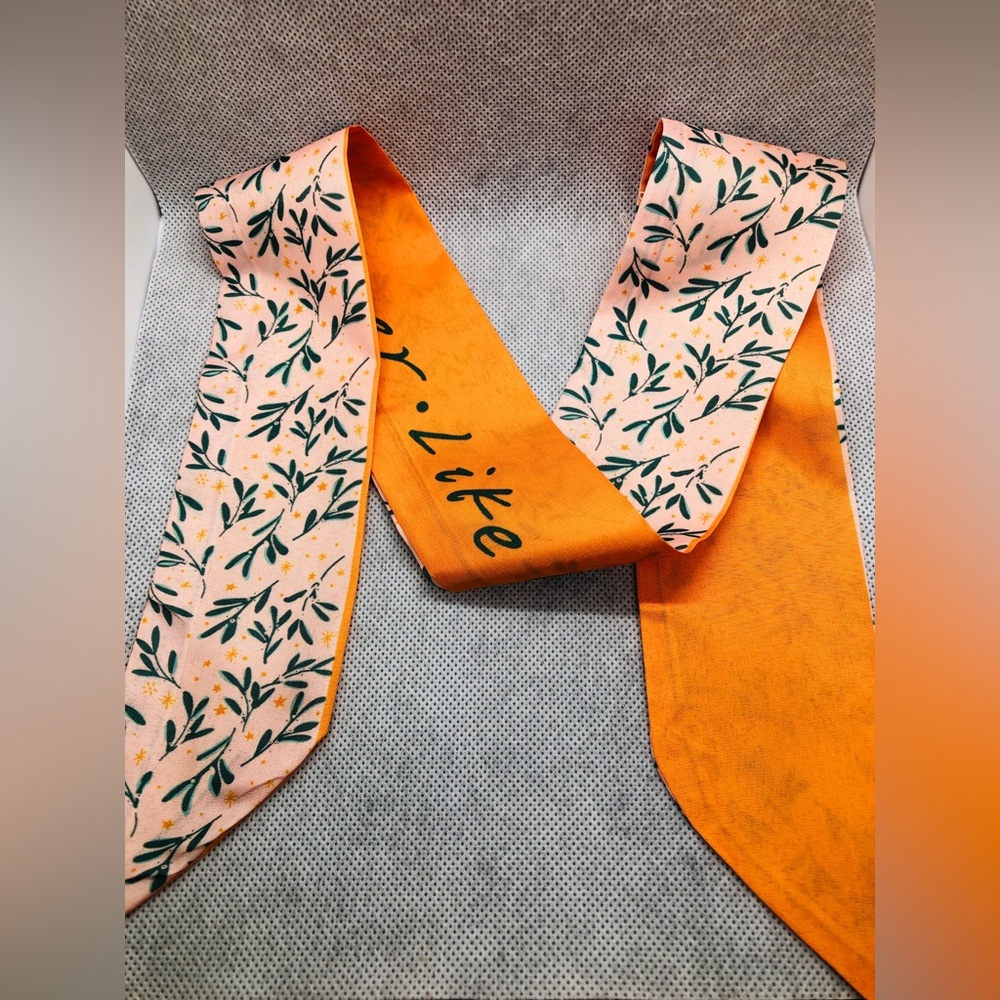 Floral Print Satin Scarf Ribbon - Orange/Pink